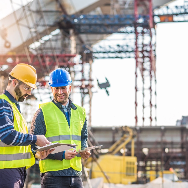 two construction workers conducting a survey