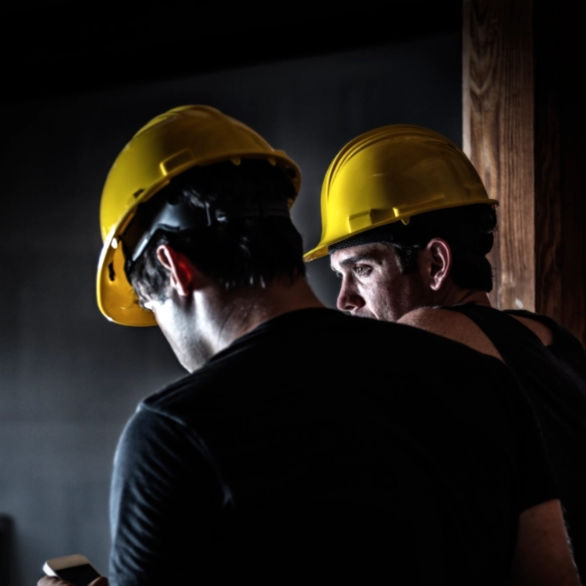 Two construction workers wearing yellow helmuts